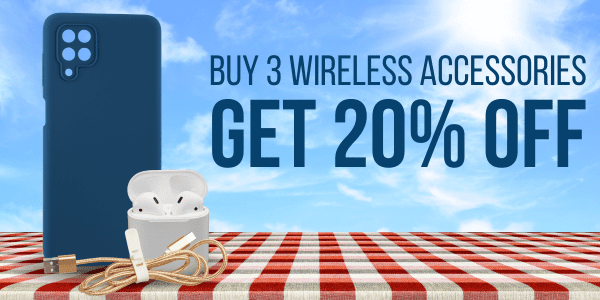 HTC promotional banner - Buy 3 wireless accessories and get 20% off